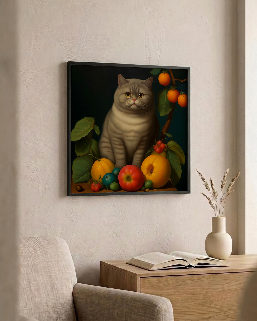The Contented Gray Cat as a square print in a black frame