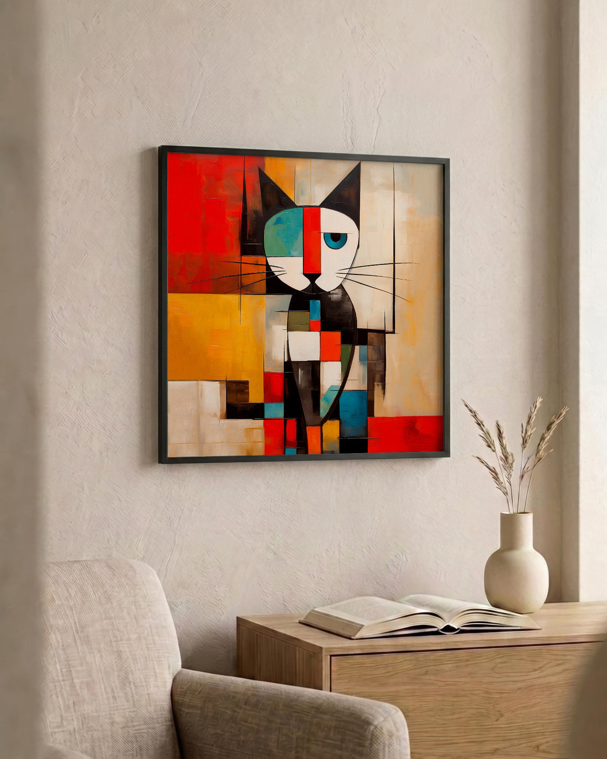 Mondrian Grid Cat No. 1 as a square print in a black frame