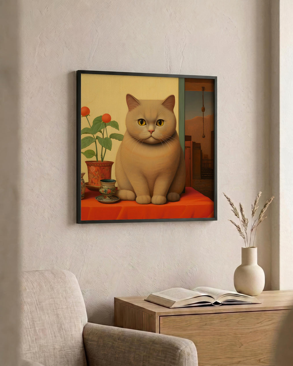The Contented Ginger Cat as a square print in a black frame