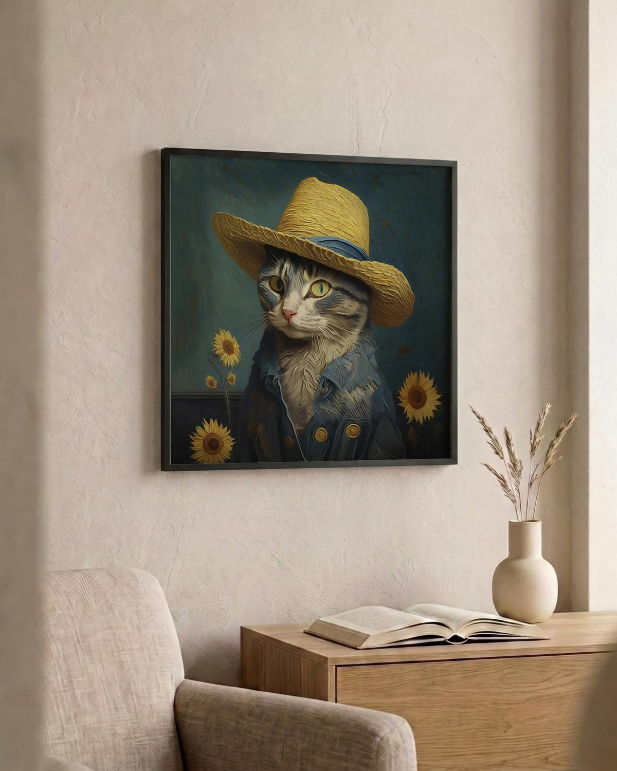 Cat in a Straw Hat as a square print in a black frame