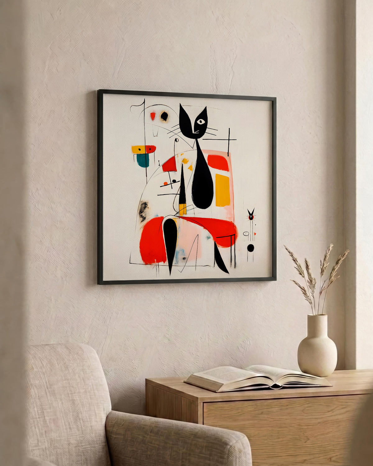 Woman & Cat in Vivid Abstract as a square print in a black frame