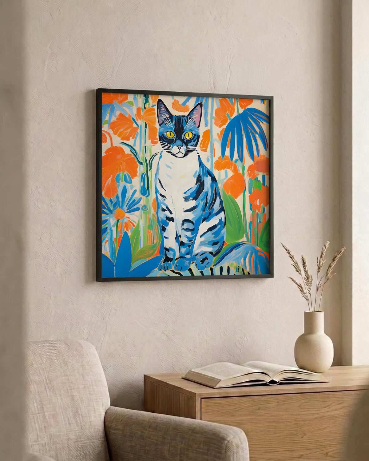 Blue Cat in Matisse-Inspired Cut-Outs as a square print in a black frame