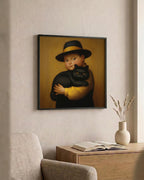 Boy & His Reluctant Black Cat as a square print in a black frame