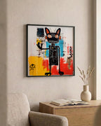 Black Cat in Bold Abstract Color as a square print in a black frame
