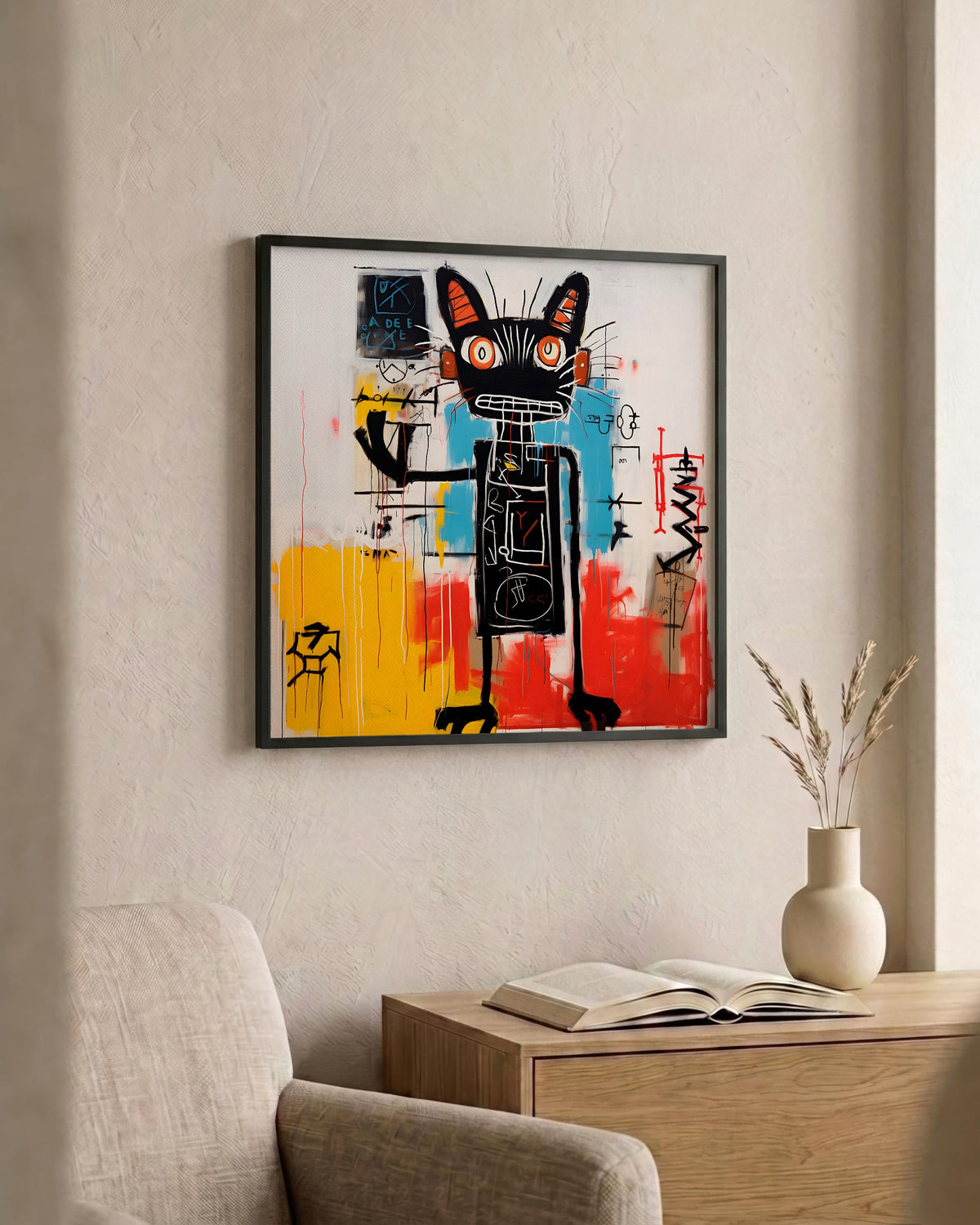 Black Cat in Bold Abstract Color as a square print in a black frame