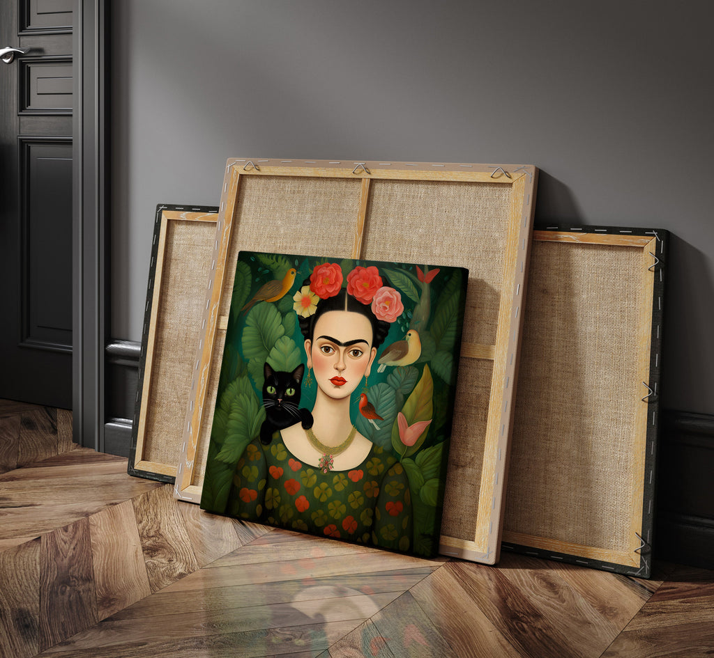 Flower-Crowned Woman & Black Cat as a square canvas (2)