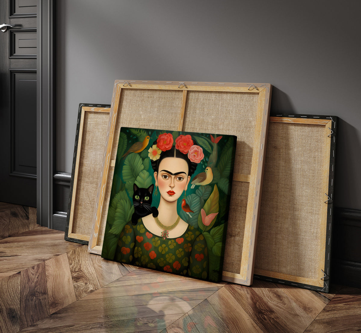 Flower-Crowned Woman & Black Cat as a square canvas (2)