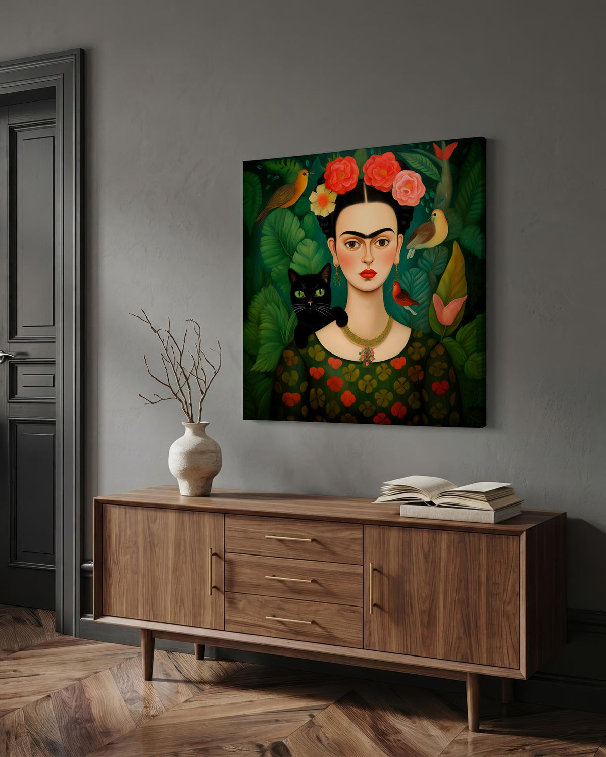 Flower-Crowned Woman & Black Cat as a square canvas