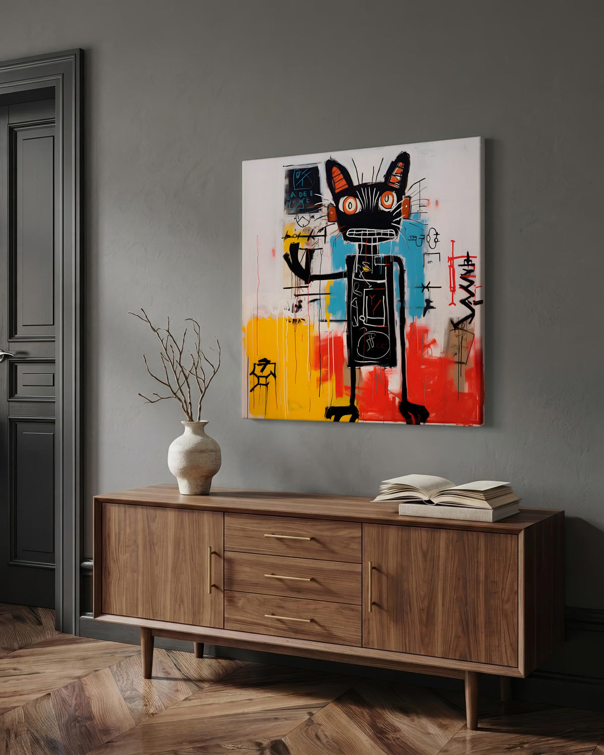 Black Cat in Bold Abstract Color as a square canvas