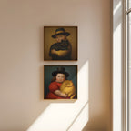 Boy & His Reluctant Black Cat in two square formats side by side