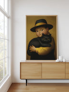 Boy & His Reluctant Black Cat framed above a sideboard