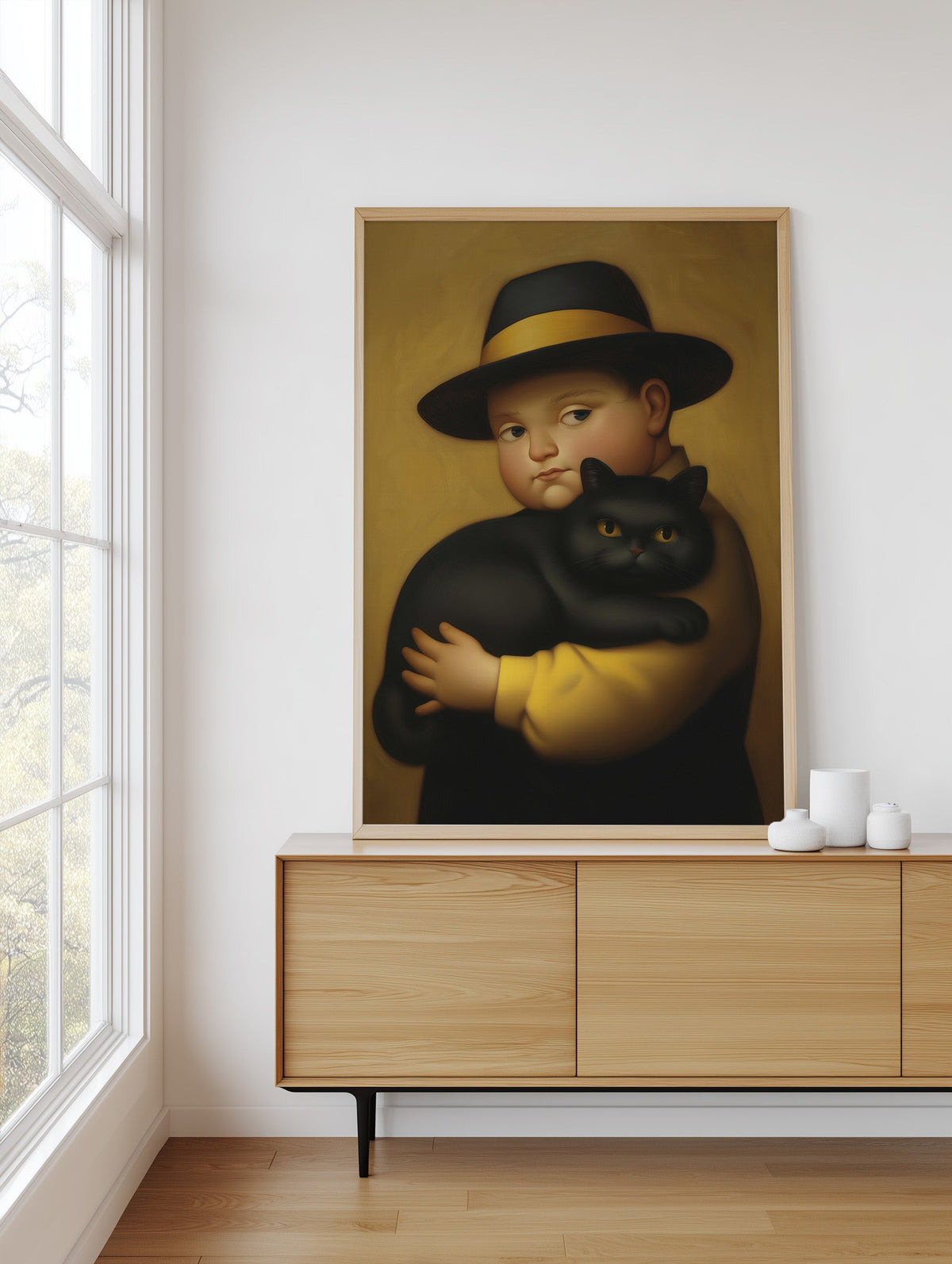 Boy & His Reluctant Black Cat framed above a sideboard