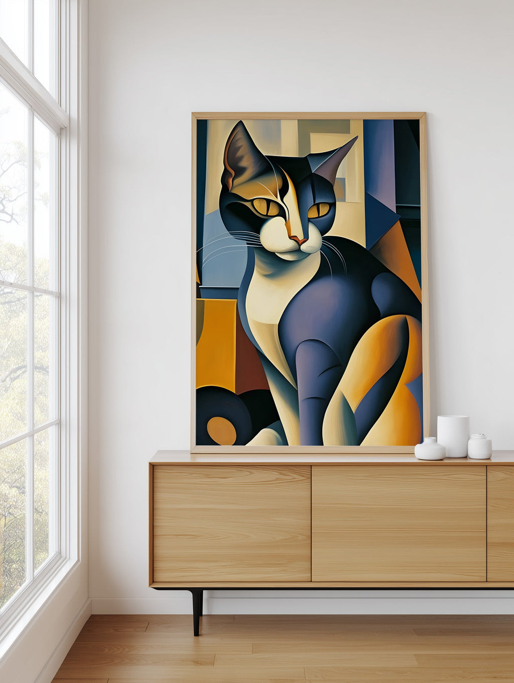 Faceted Cat Portrait framed above a sideboard