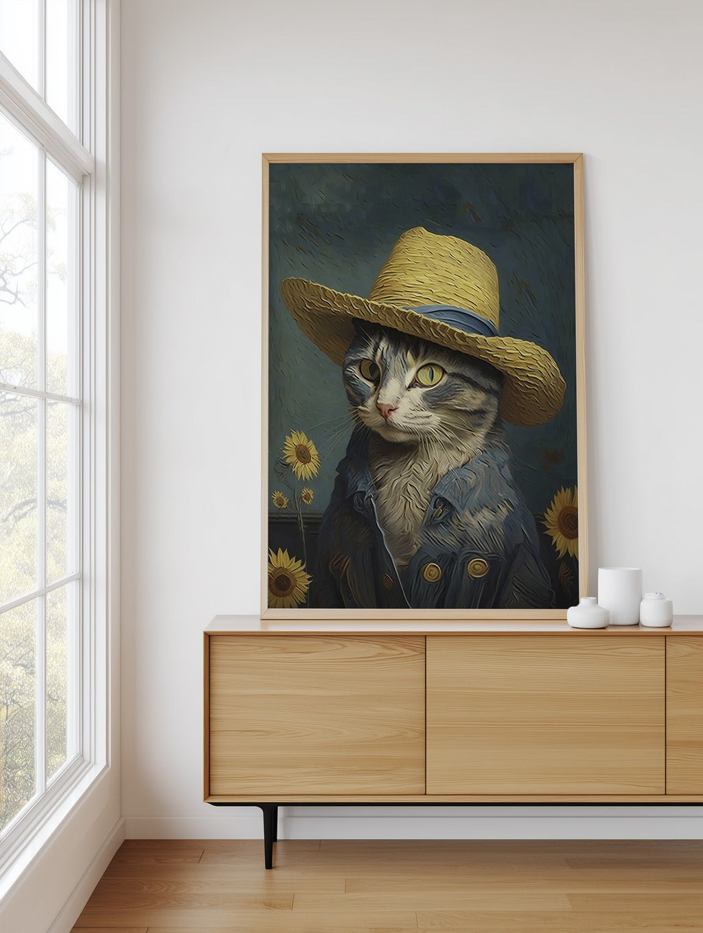 Cat in a Straw Hat framed above a sideboard