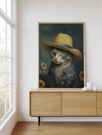 Cat in a Straw Hat framed above a sideboard