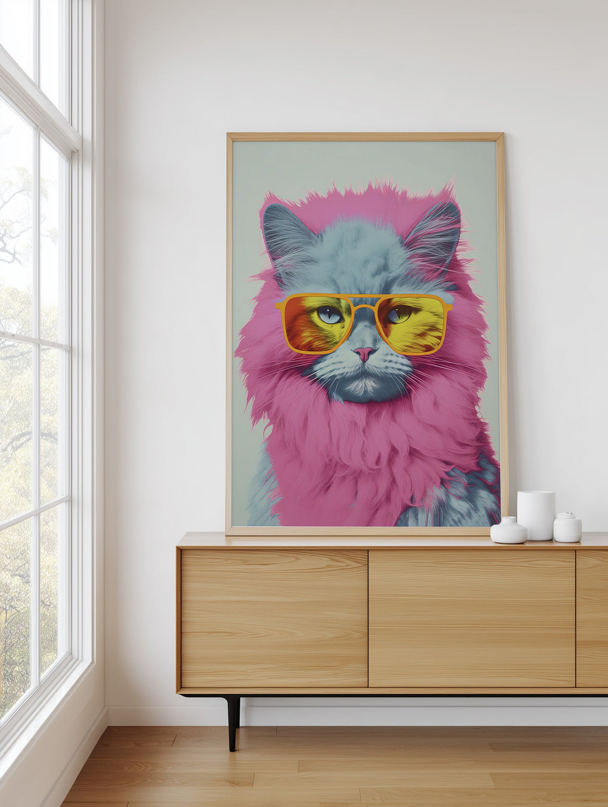 Pop Icon Cat framed above a sideboard