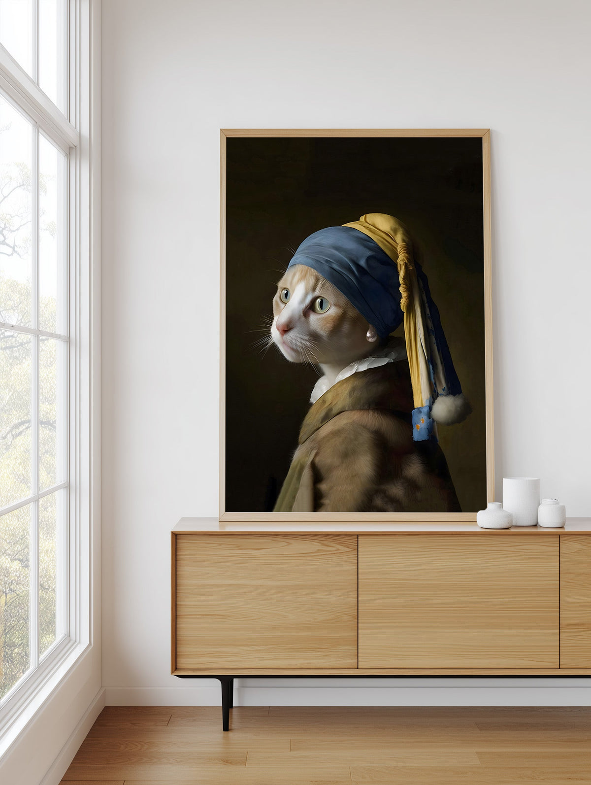 Pearl Earring Ginger Cat framed above a sideboard
