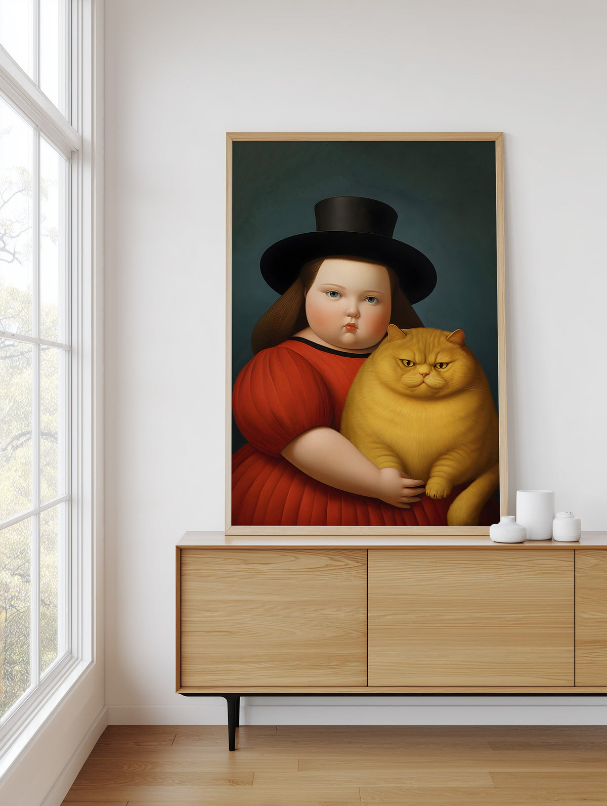 Girl & Her Unimpressed Ginger Cat framed above a sideboard