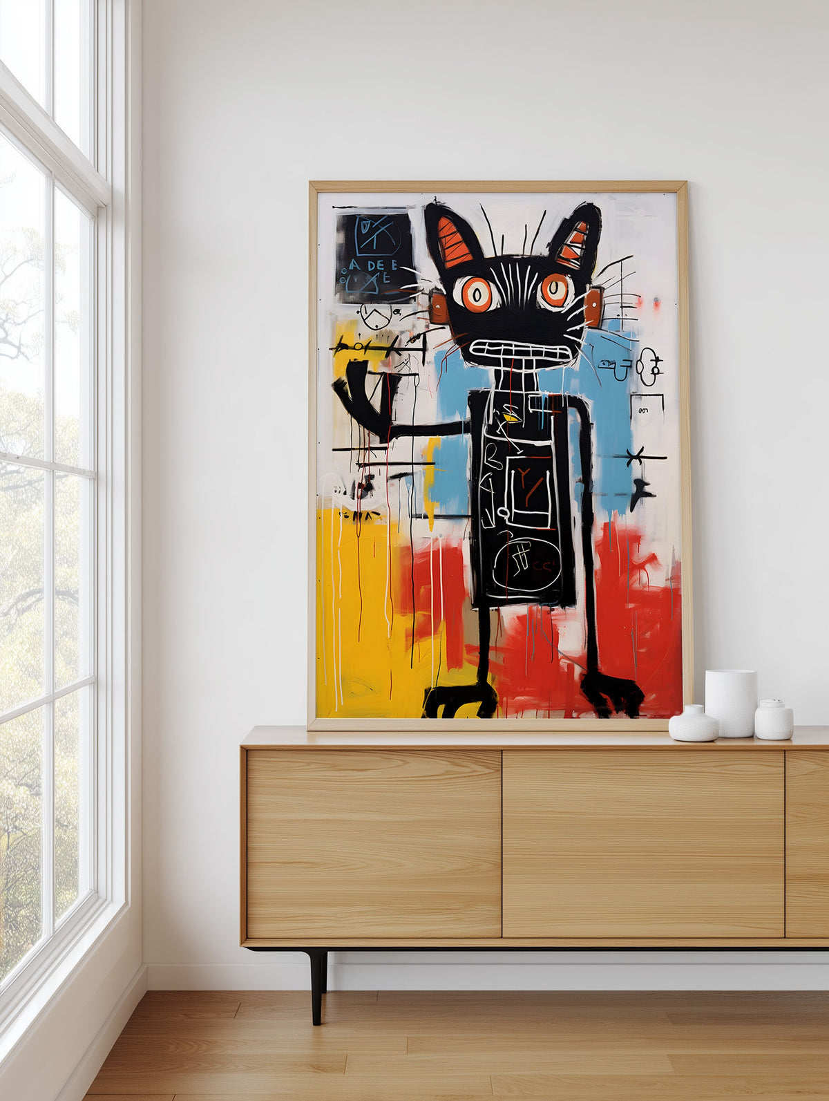 Black Cat in Bold Abstract Color framed above a sideboard
