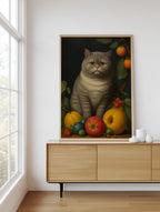 The Contented Gray Cat framed above a sideboard