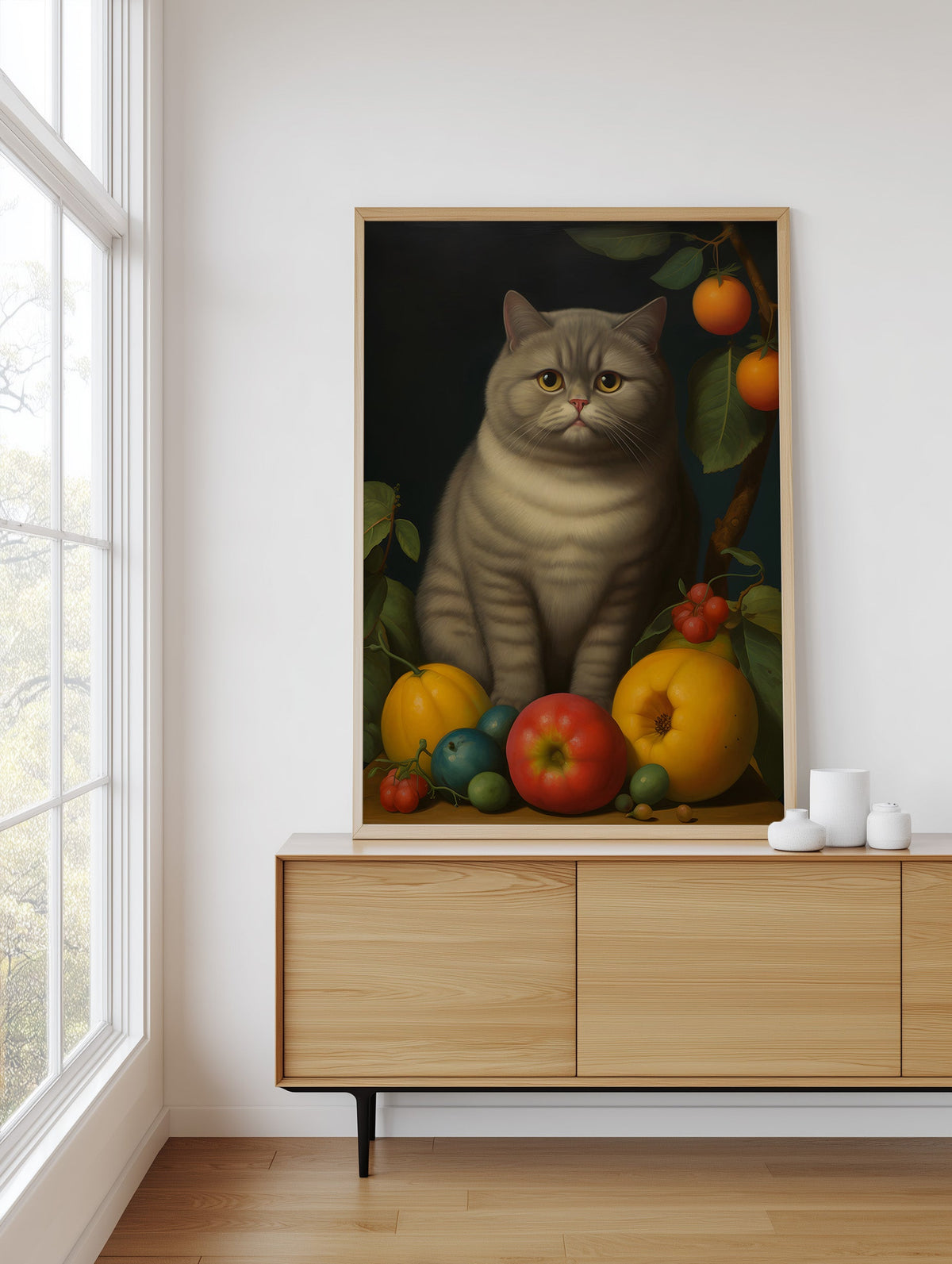 The Contented Gray Cat framed above a sideboard