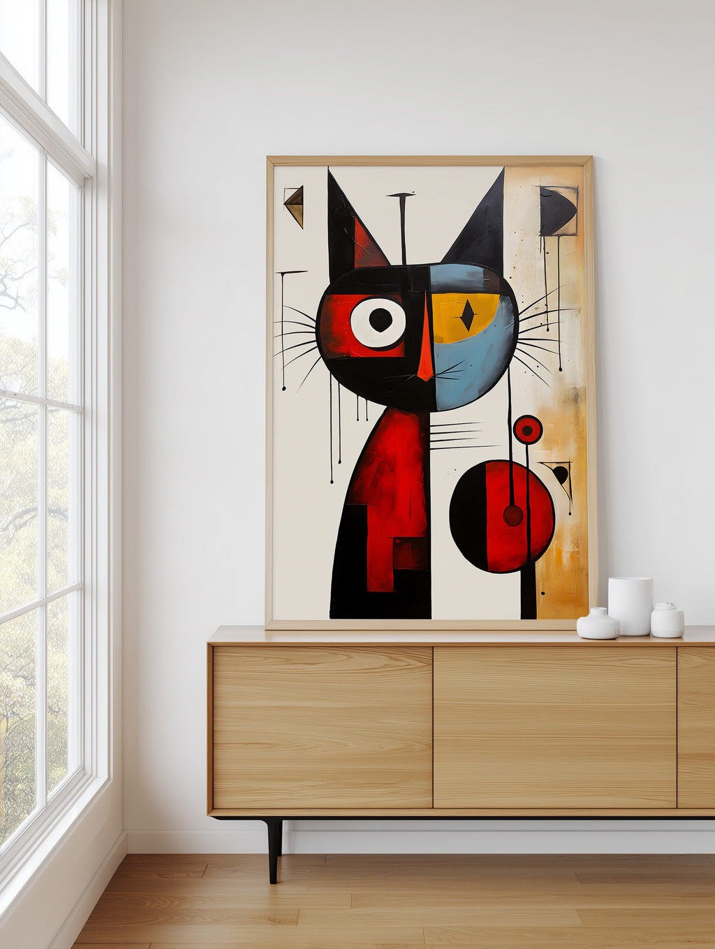 Playful Cat in Primary Colors framed above a sideboard