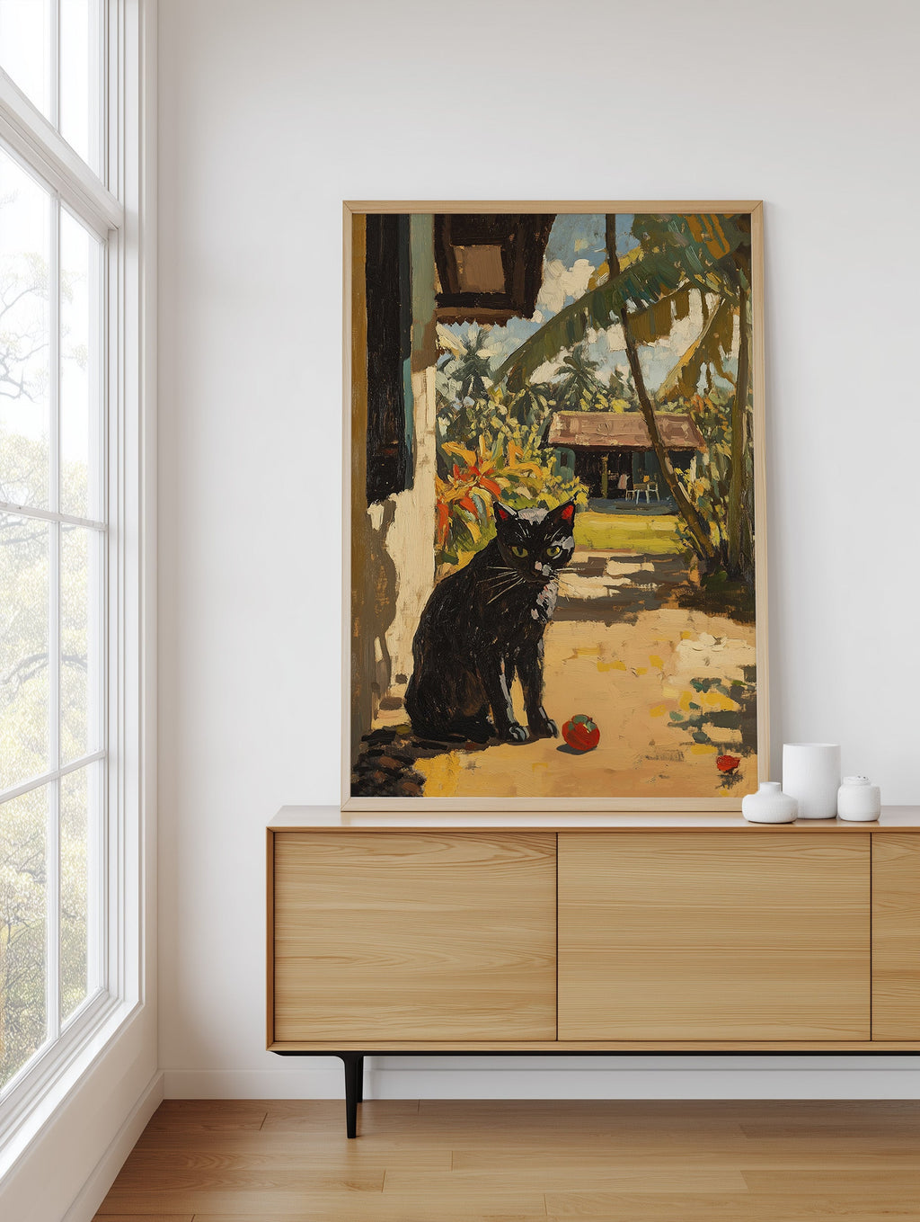 Black Cat in Gauguin Color framed above a sideboard