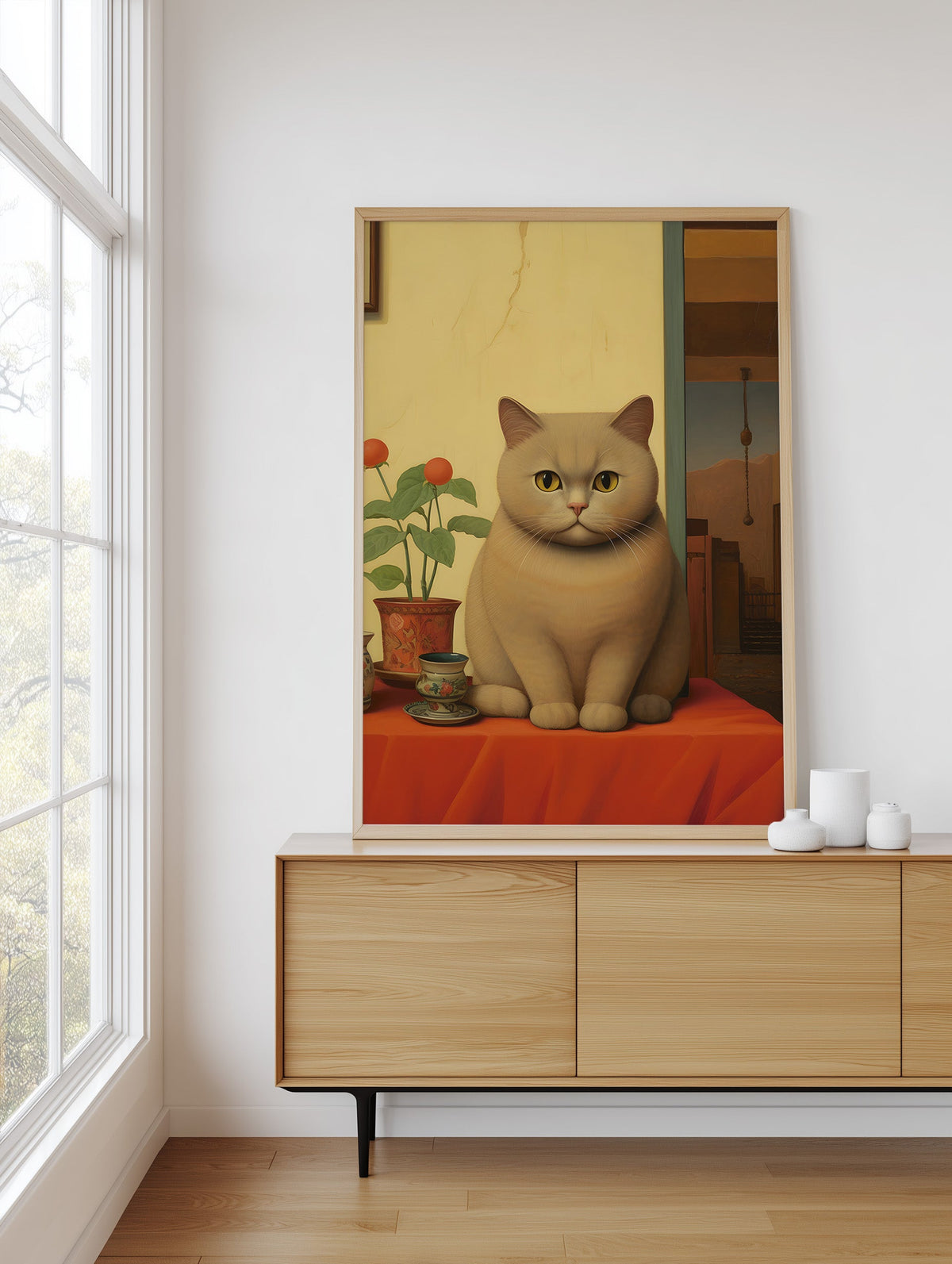 The Contented Ginger Cat framed above a sideboard
