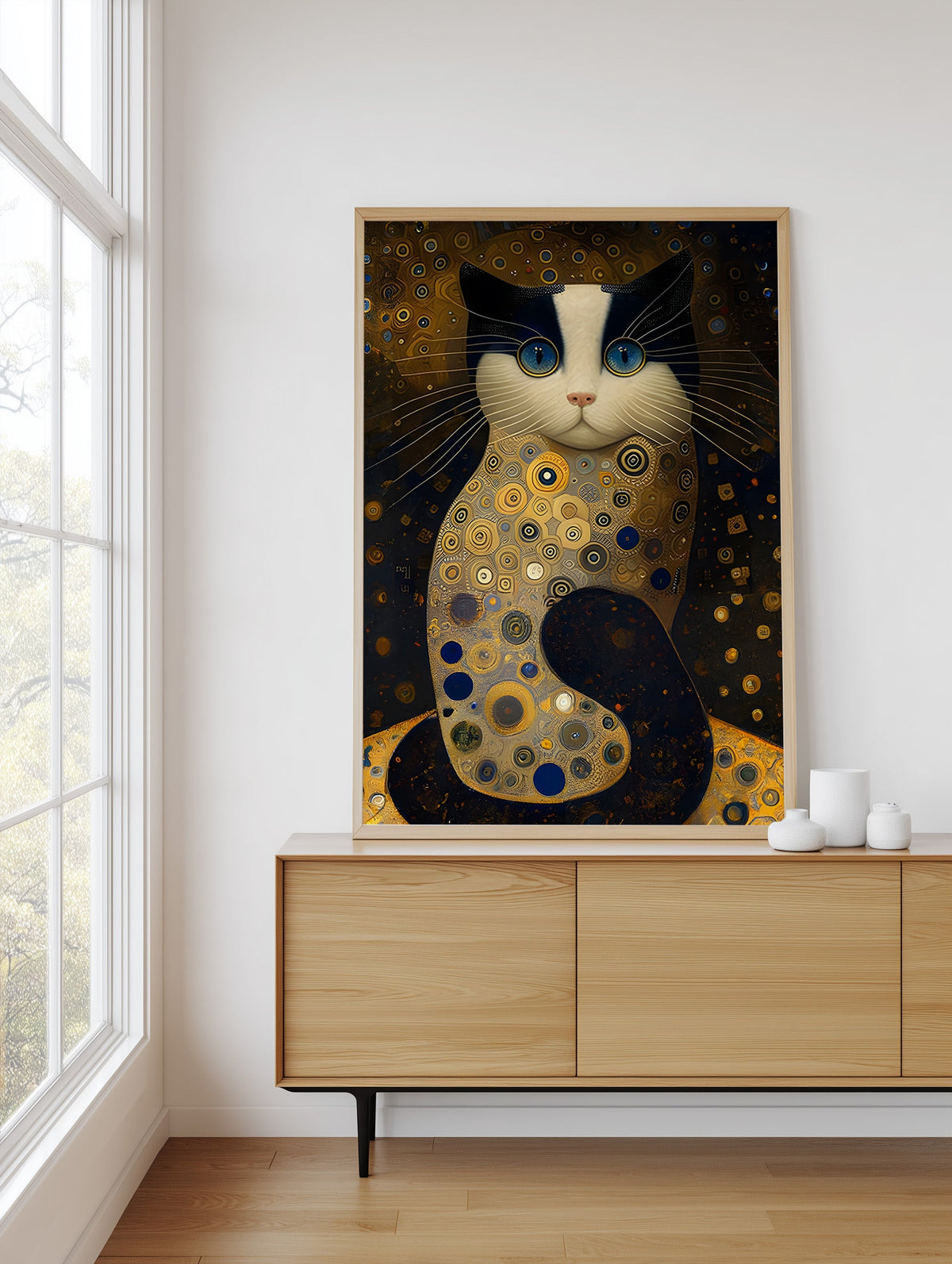 Golden Cat after Klimt framed above a sideboard
