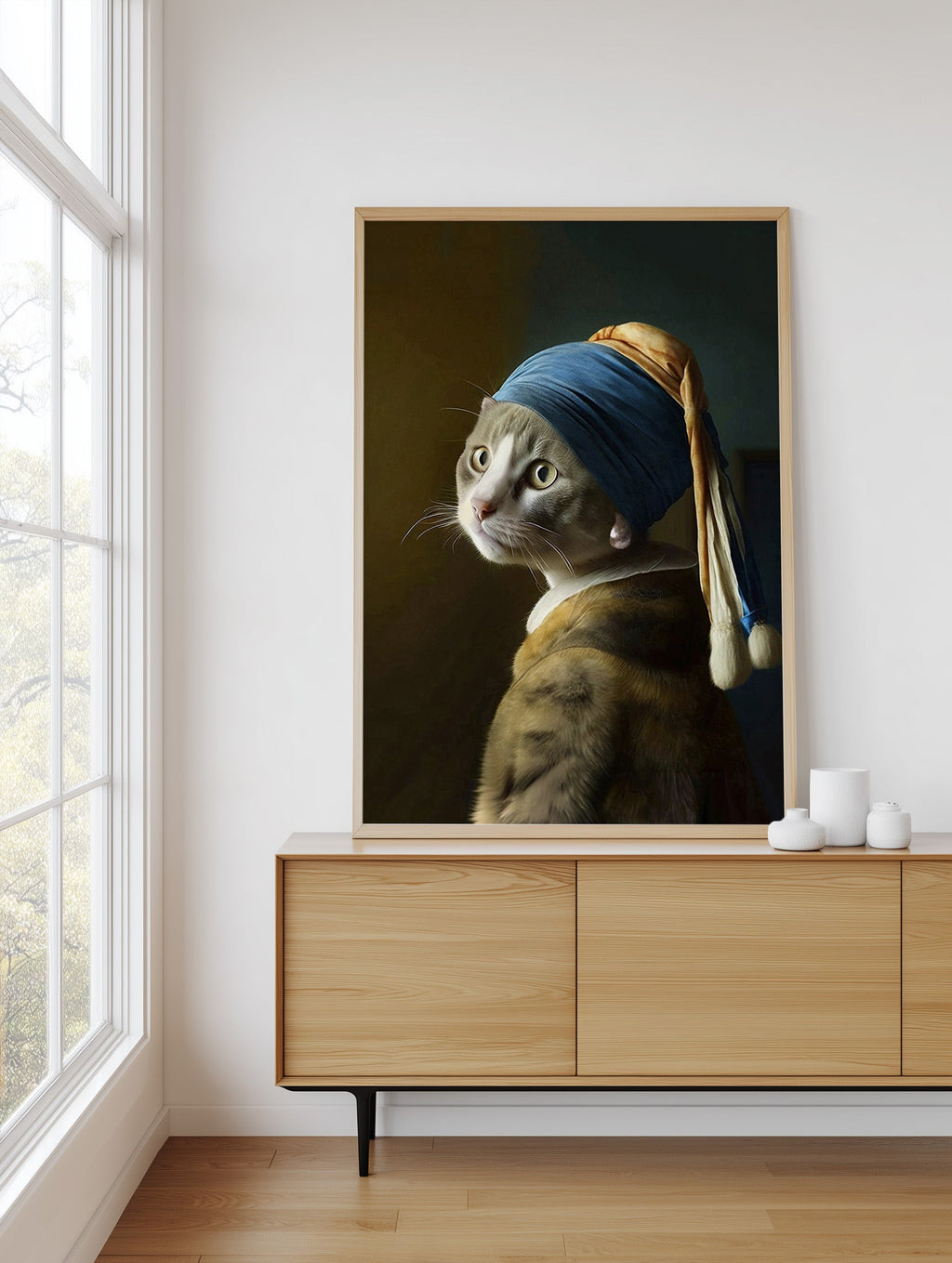 Pearl Earring Gray Cat framed above a sideboard