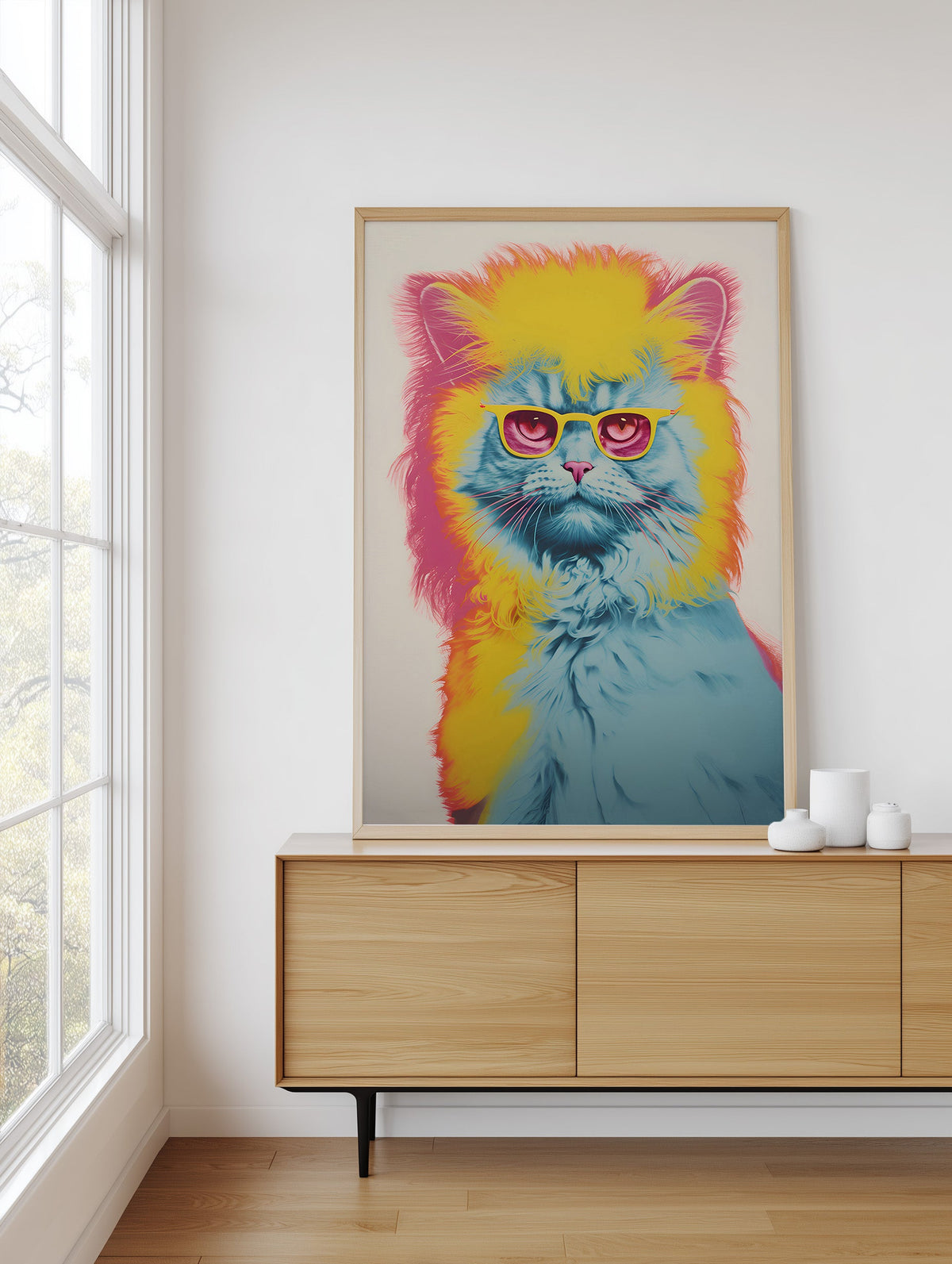 Retro Screenprint Cat framed above a sideboard