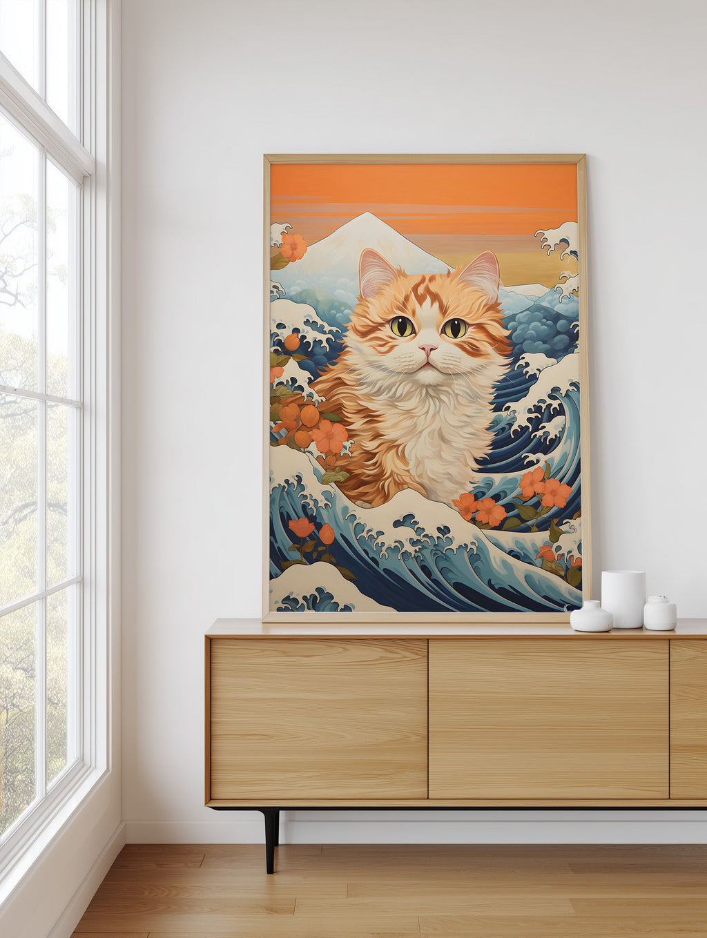 Ukiyo-e Cat framed above a sideboard