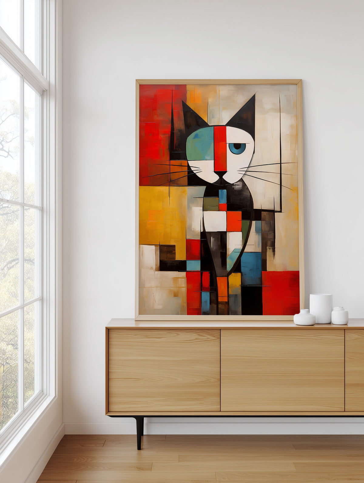 Mondrian Grid Cat No. 1 framed above a sideboard