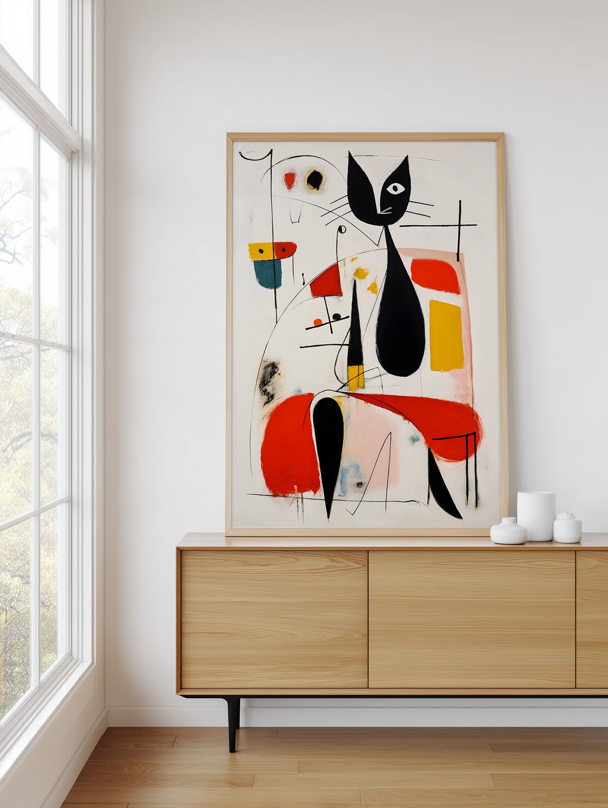 Woman & Cat in Vivid Abstract framed above a sideboard
