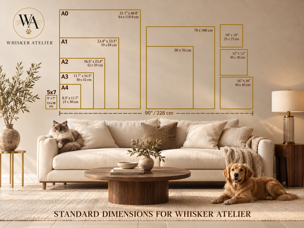 A living room scene with a sofa, coffee table, lamp, cat, and dog, overlaid with a large dimension chart labeled for Whisker Atelier standard dimensions. The chart shows labeled room sizes and measurements in centimeters and inches.