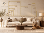 A living room scene with a sofa, coffee table, lamp, cat, and dog, overlaid with a large dimension chart labeled for Whisker Atelier standard dimensions. The chart shows labeled room sizes and measurements in centimeters and inches.