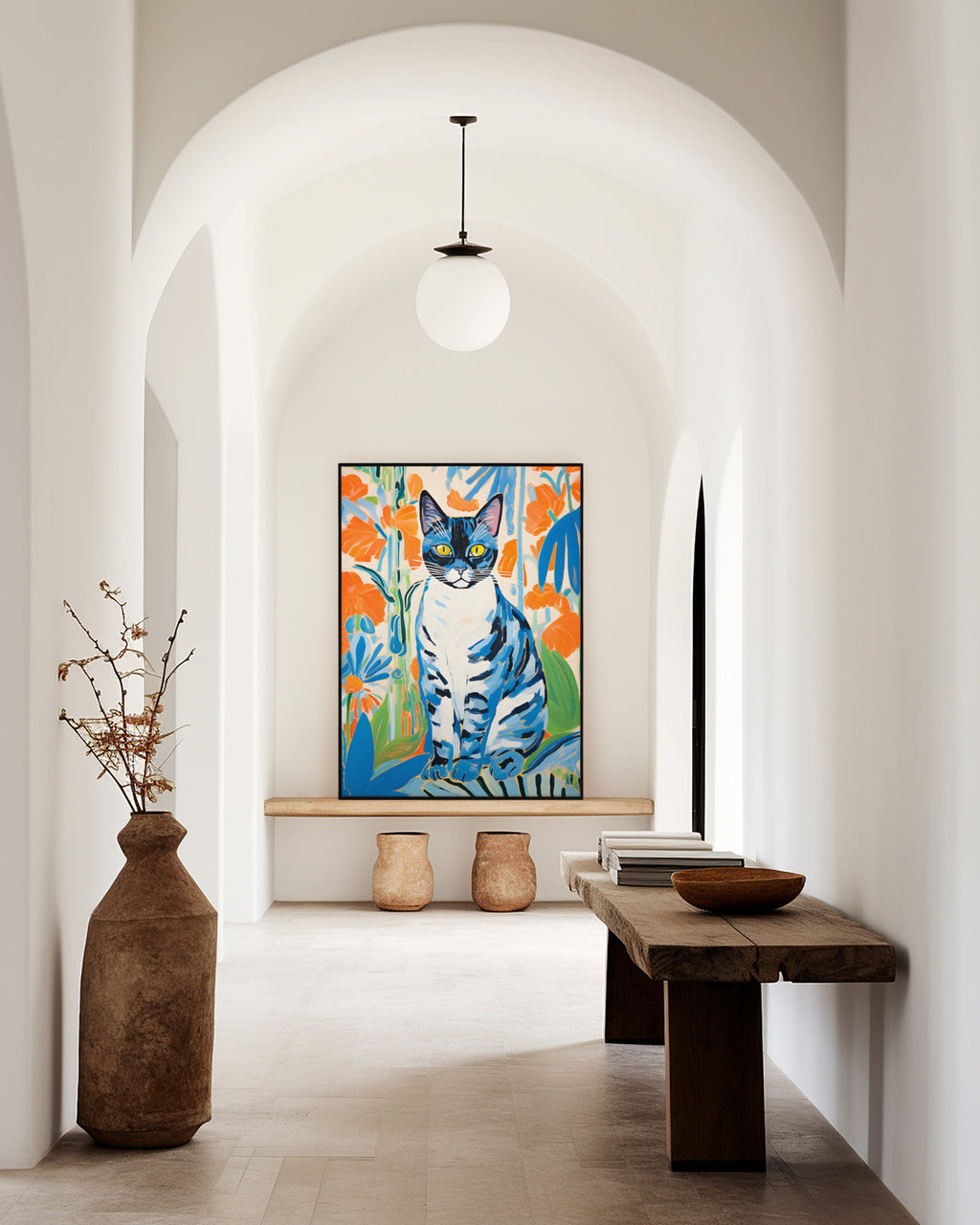 Blue Cat in Matisse-Inspired Cut-Outs framed in a hallway