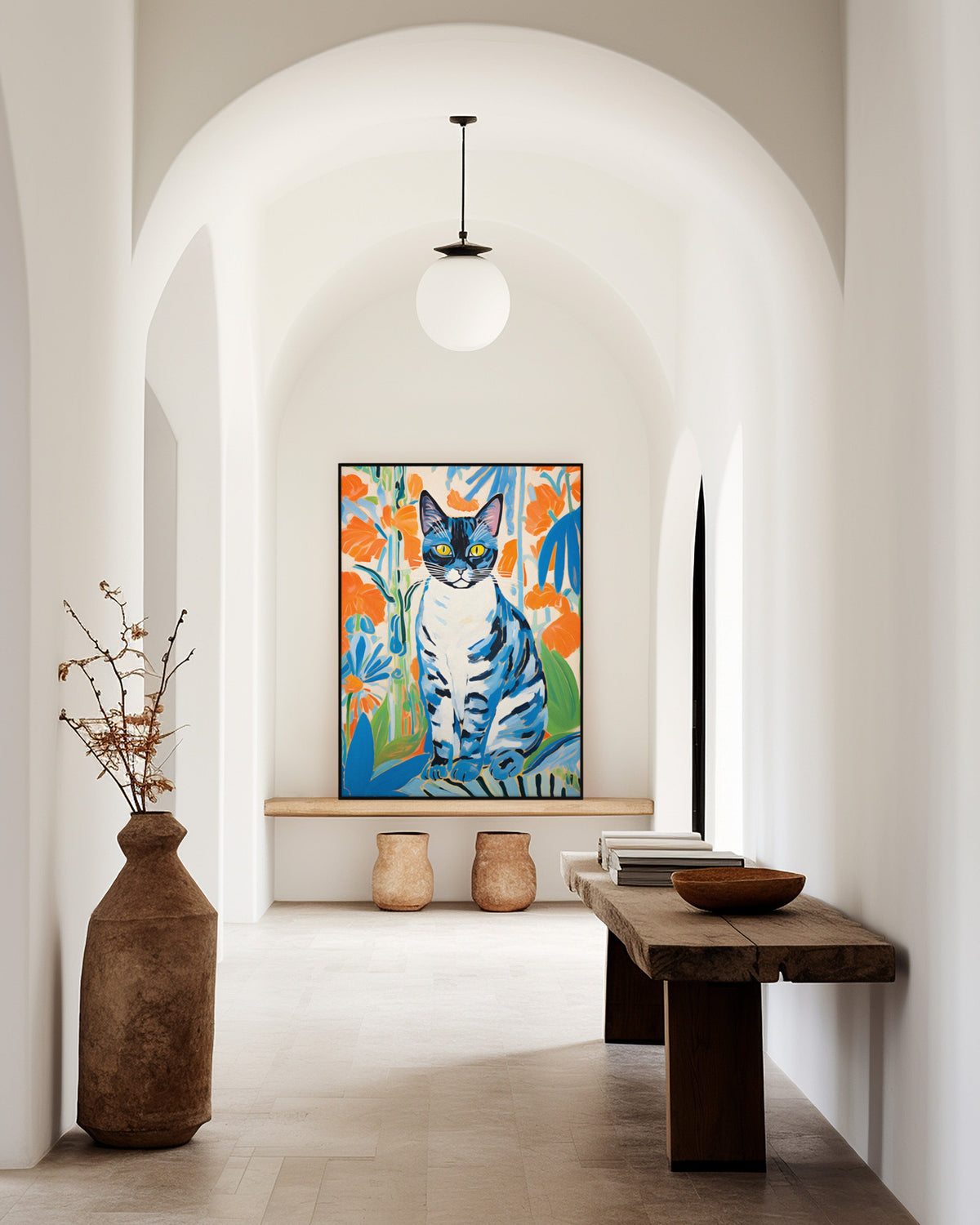 Blue Cat in Matisse-Inspired Cut-Outs framed in a hallway
