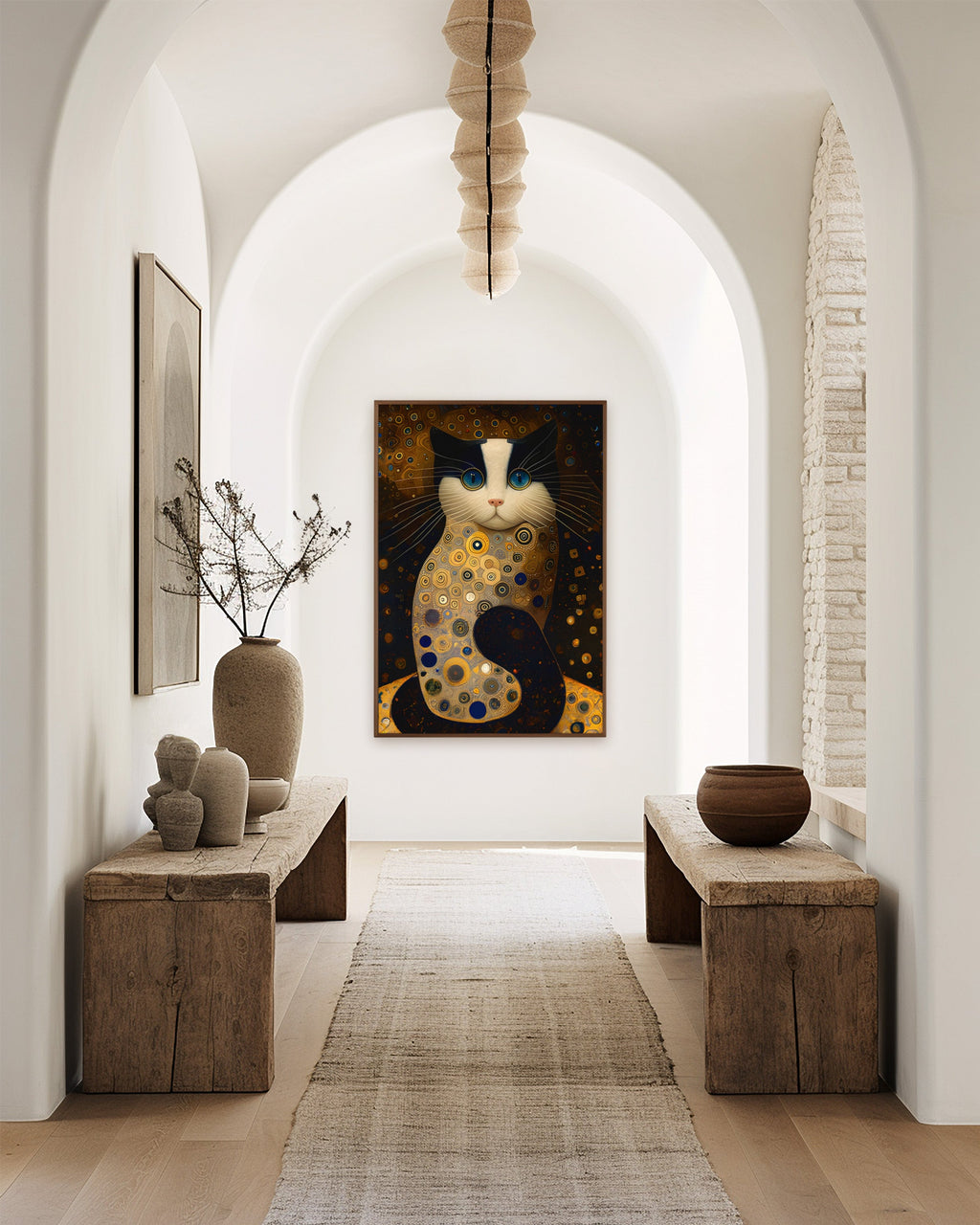 Golden Cat after Klimt framed in a hallway