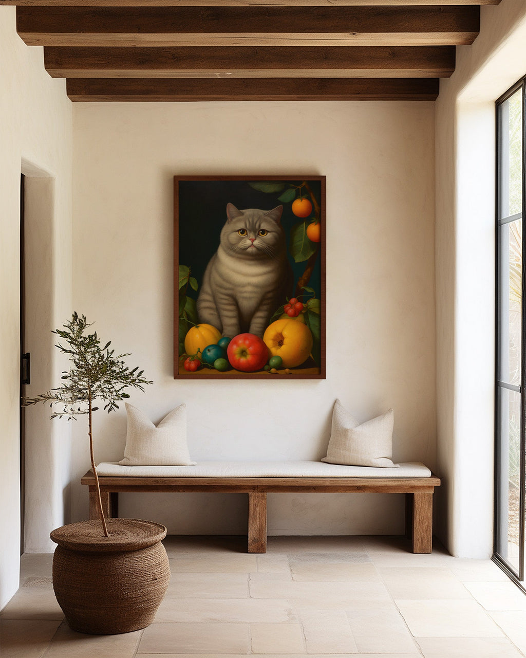 The Contented Gray Cat framed in a hallway