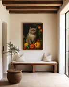 The Contented Gray Cat framed in a hallway