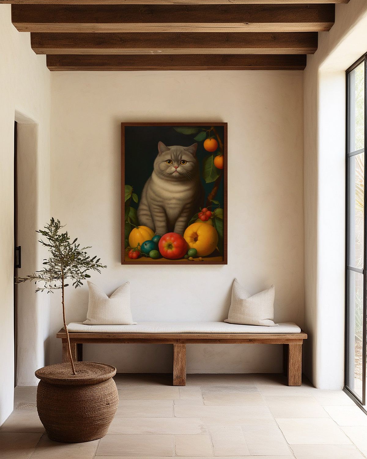 The Contented Gray Cat framed in a hallway