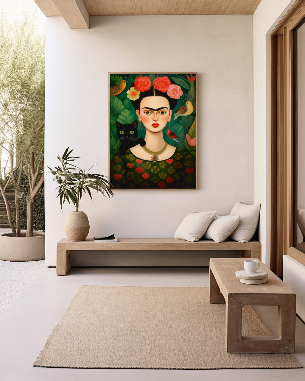 Flower-Crowned Woman & Black Cat framed in a hallway