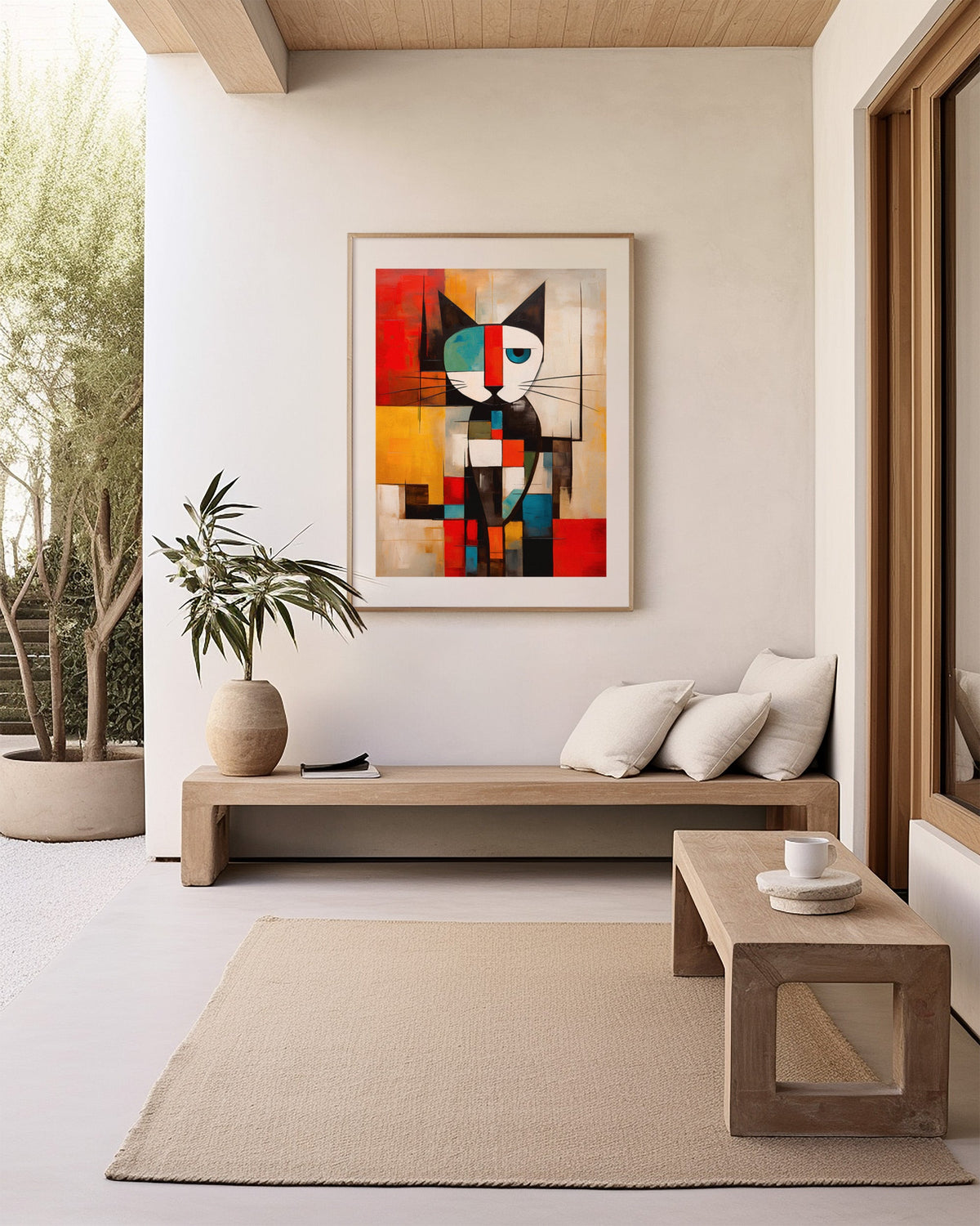 Mondrian Grid Cat No. 1 framed in a hallway