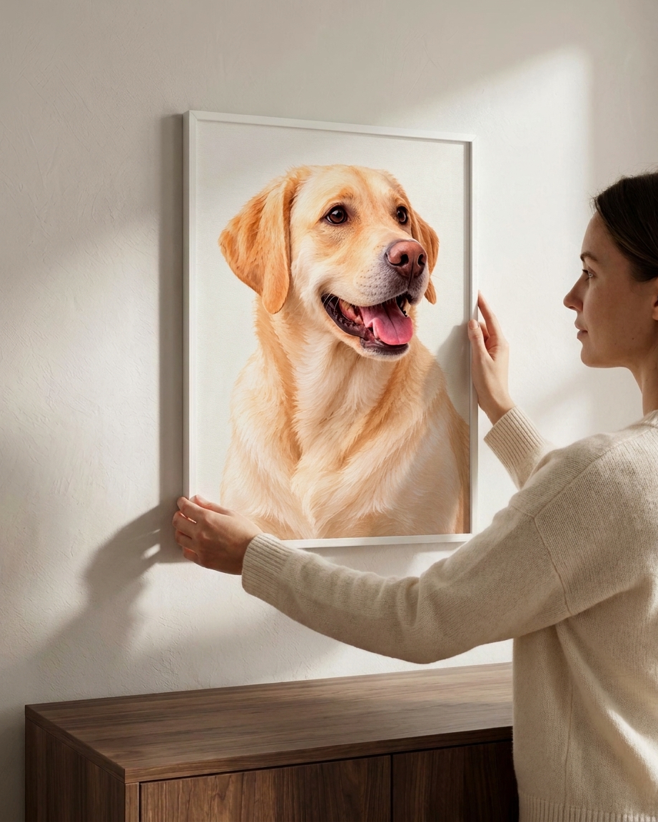 A woman in a cream sweater hangs a large framed custom pet portrait of a yellow Labrador Retriever on a white wall above a wooden cabinet.