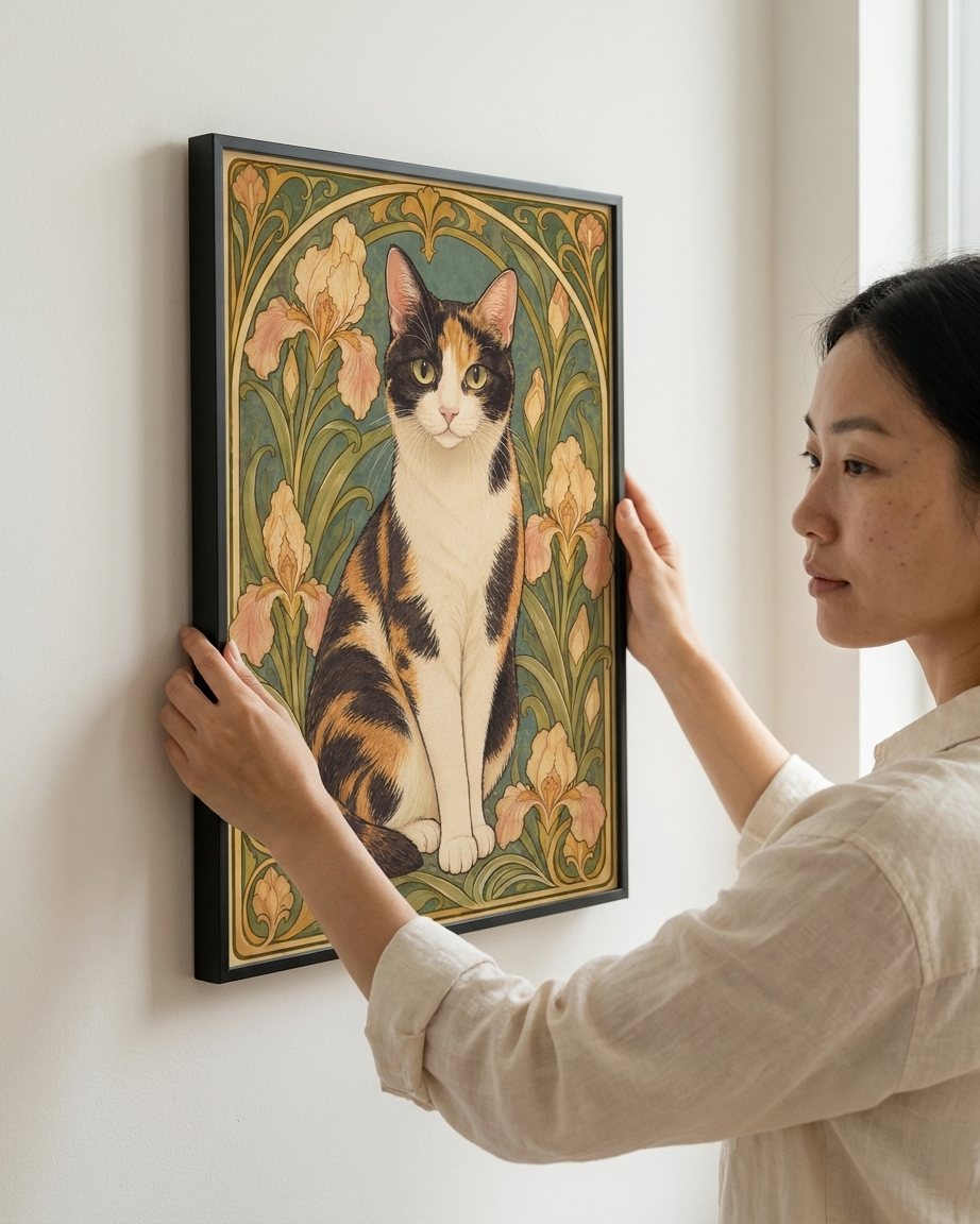 A woman hangs a framed Art Nouveau portrait of a calico cat on a white wall.