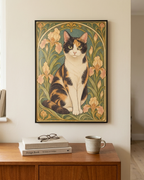A framed art print of a calico cat in an Art Nouveau floral style, hanging on a beige wall above a wooden console table with books and a mug.