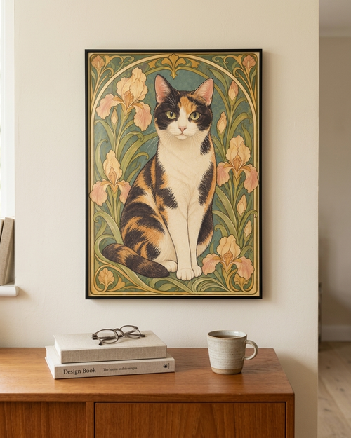 A framed art print of a calico cat in an Art Nouveau floral style, hanging on a beige wall above a wooden console table with books and a mug.