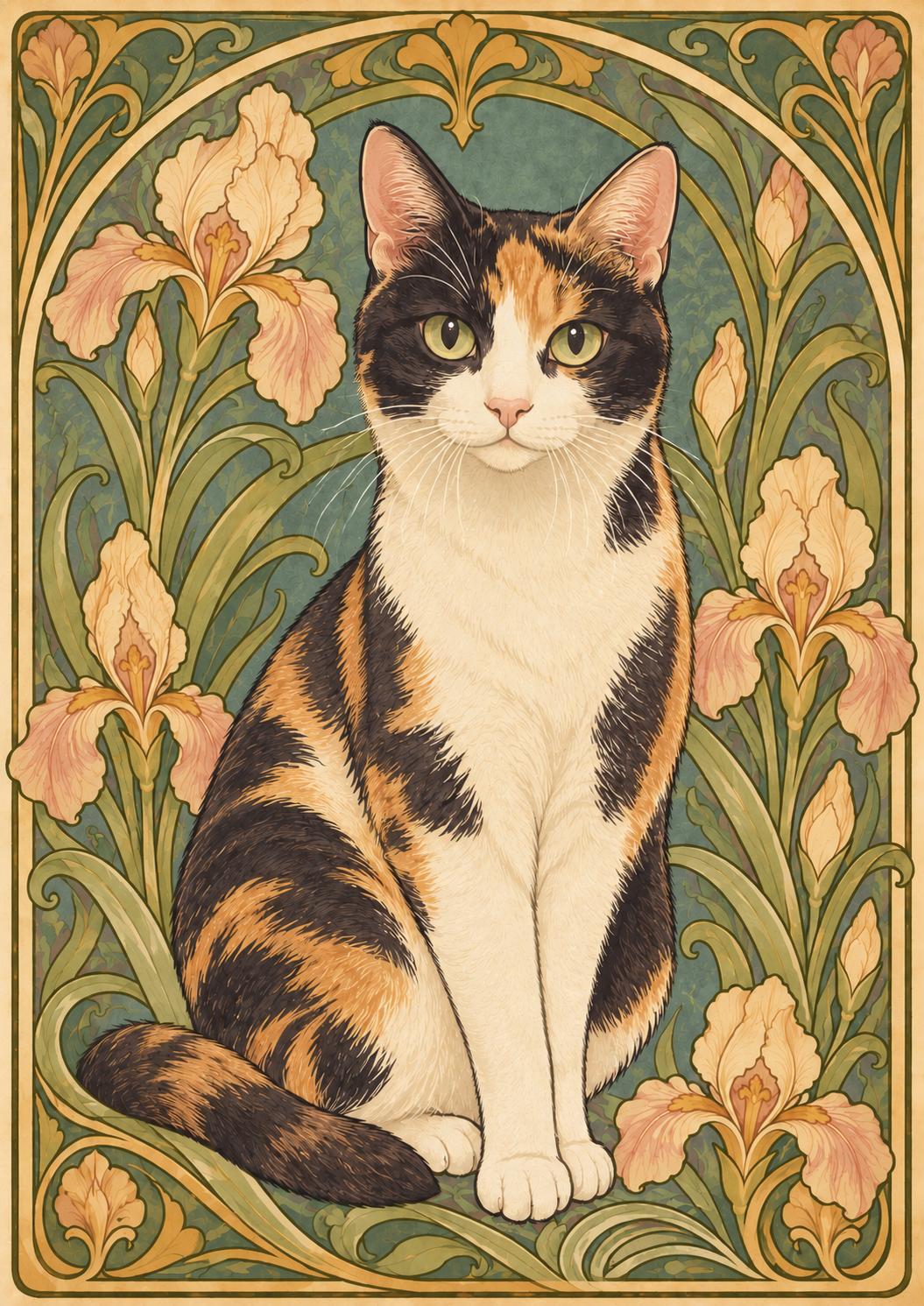 Art Nouveau portrait of a calico cat among ivory irises, with a muted teal background and an ornate gold botanical border.