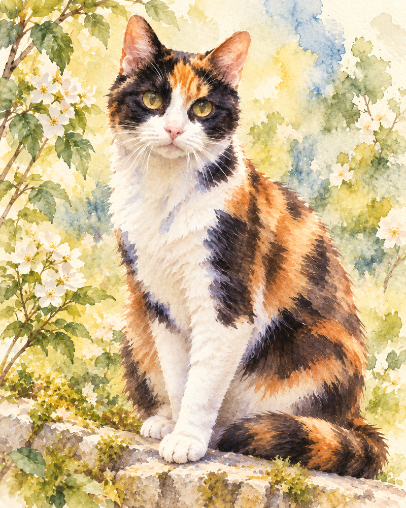 Watercolour Portrait example: calico cat in soft translucent washes on ivory paper